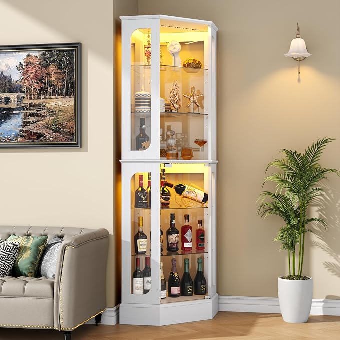 kepptory 72" Tall Corner Display Cabinet with Glass Doors，White | 6-Tier Glass Display Cabinet, Adjustable Glass Shelves, LED Lights, Curio Display Case for Collectibles