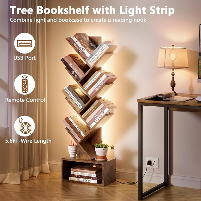 Hoctieon 6 Tier Tree Bookshelf, Tall Bookcase, Freestanding Book Shelf with LED Lights, Display Floor Standing Storage Shelf, Book Organizer Shelves for Home Office, Living Room, Rustic Brown