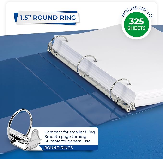 Samsill Economy 1.5 Inch 3 Ring Binder Round Ring Binder, Non-Stick Customizable Cover, Dark Blue (18502)