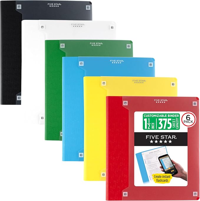 Five Star 3-Ring Binder + Study App, 6 Pack, 1.5 Inch Binder with D Rings and Customizable Clear View Cover, 375 Sheet Capacity, Assorted Colors (261460-23)