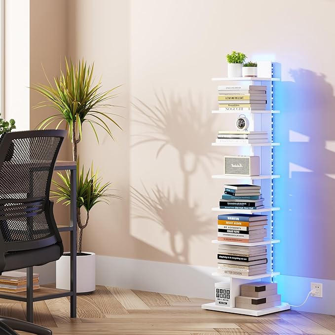 TUTOTAK Book Shelf, Narrow Spine Bookshelf, 8-Tier Bookcase with LED Lights | 10.4 x 13.4 x 47.5 Inches Vertical Freestanding Corner Shelf for Living Room, Office, Small Space, White BS06BW008L
