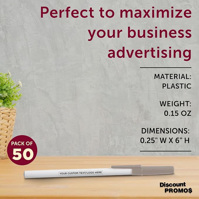 DISCOUNT PROMOS Custom Value Stick Pens Set of 50, Personalized Bulk Pack - Black Ink, Great for Office, School, Business, Tradeshows, Events - Grey