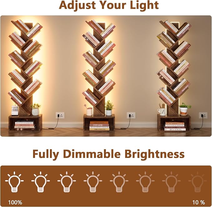 Hoctieon 9 Tier Tree Bookshelf, Tall Bookcase, Freestanding Book Shelf with LED Lights, Display Floor Standing Storage Shelf, Book Organizer Shelves for Home Office, Living Room, Rustic Brown
