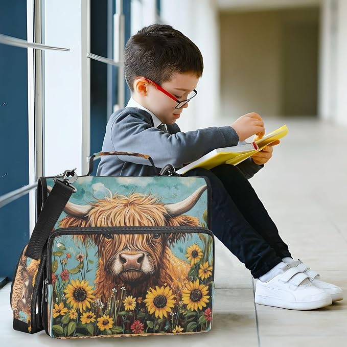 ATTX Sunflowers Highland Cow Zipper Binder with Adjustable Padded Strap - 3 Ring 500 Sheet Capacity Binder Bag with Multi-Pocket Organizer, Fits 12 Inch Laptop
