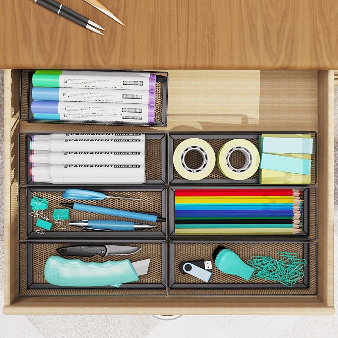 2 Pack Drawer Organizer for Desk, Small Office Supplies Pen Pencil holder, Metal Mesh Desktop Storage Trays for Office, Kitchen, Makeup, Vanity