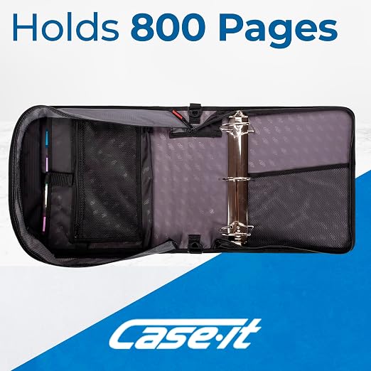 Case-it School Zipper Binder | 4-Inch D-Rings | 800-Sheet | D-186 Jet Black | King Sized Zip Tab, 5-Subject Expanding File Folder, Multiple Pockets, Storage Organizer, Shoulder Strap, Office