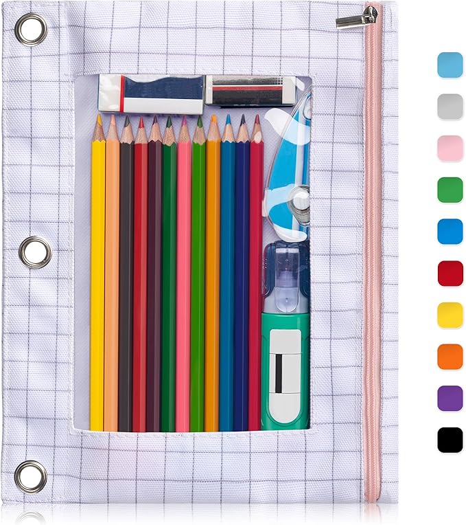 Forvencer Pencil Pouch for 3 Ring Binder, Large Pencil Case Pouch | 3 Reinforced Grommets, Pen Bag, Clear Window Pencil Case, Binder Accessories, White Plaid