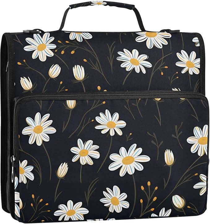 3 Ring Zipper Binder with Shoulder Strap White Daisy Flower Black 1.5 inch Binders Keeper Large Capacity Multi Pockets for School Office Supplies