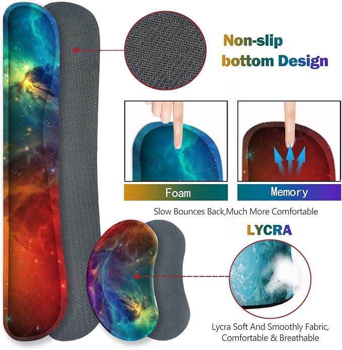 Extended Gaming Mouse Pad Set, Keyboard Wrist Rest Support Pad + Wrist Cushion + XXL Large Mouse Pad + Coaster, Stitched Edge, Non-Slip, Memory Foam Desk Mat, Color Nebula Galaxy