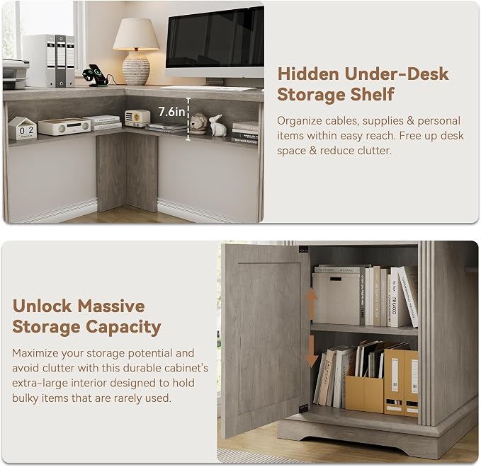 Farmhouse L Shaped Executive Desk with 4 Drawers, Home Office Desk with Hidden Under-Desk Storage Shelf and Charging Station, File Cabinet Storage, Wood Corner Computer Desk for Work and Study(Grey)