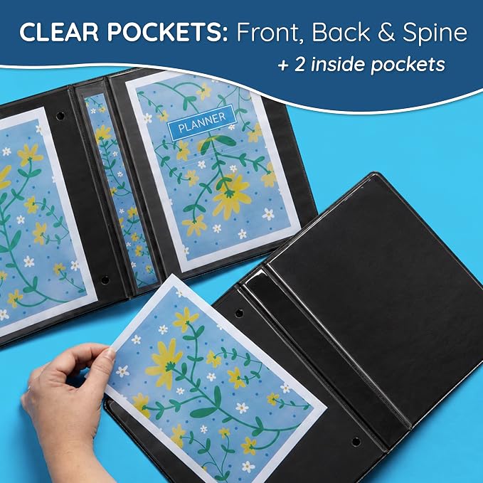 Blue Summit Supplies Small 3 Ring Binder for 5.5" x 8.5" Paper, Black 6 Pk | fits 5.5 x 8.5 in half letter paper, 1 in round rings, mini binder, clear pockets, for playbills, planners, recipes