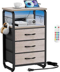 runjuly End Table Small with LED Light, Charging Station, and Hooks, Beige | 3 Fabric Drawer Storage, Type C & USB Ports & Power Outlets, Wooden Metal Nightstand, for Living Room / Bedroom / Dorm