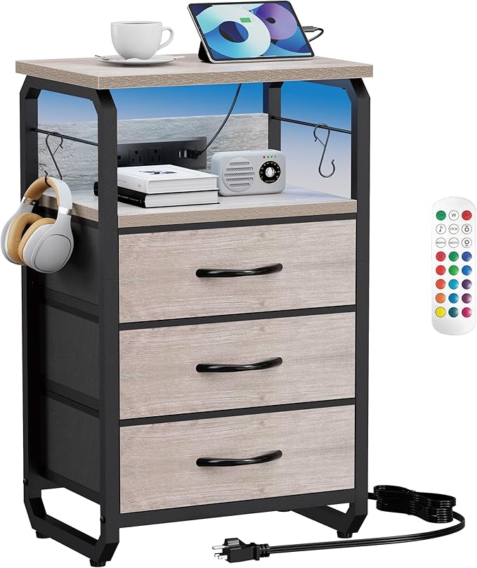 runjuly End Table Small with LED Light, Charging Station, and Hooks, Beige | 3 Fabric Drawer Storage, Type C & USB Ports & Power Outlets, Wooden Metal Nightstand, for Living Room / Bedroom / Dorm