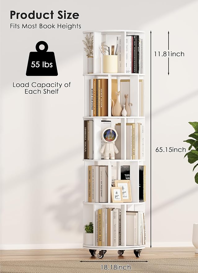 5 Tier 360° Rotating Bookshelf with Larger Capacity, Adjustable Small Space Bookcase on Wheels, Revolving Round Bookshelves, Tall Storage Book Shelf Tower for Bedroom Office Kids Room (White)