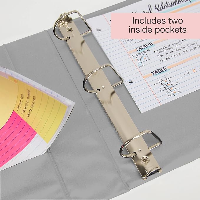 BAZIC Products 2" Grey 3-Ring View Binder, Slant-D Ring, 2 Pockets, 2-Pack | 2 inside pockets, 2 in Grey view 3-ring binder, slant-D rings, holds up to 480 sheets, Durable poly cover
