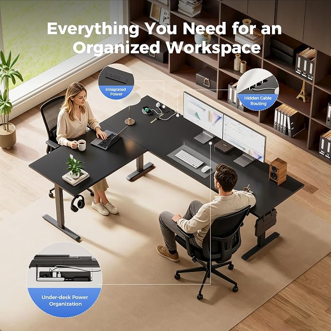 Agilestic 63 x 55 Inch L Shaped Standing Desk with Powerstrip, Black | Outlets, Cable Management, Corner Desk, Ample Workspace, Memory Presets, Hooks, Stable Steel Frame,176 lbs, Splice Board