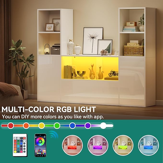 YITAHOME Castle Bookcase with Storage & Adjustable LED Lights | U-Shaped White Bookshelf with Cabinet, UV High-Gloss Display Unit, Cube Organizer for Living Room, Home Office and Bedroom