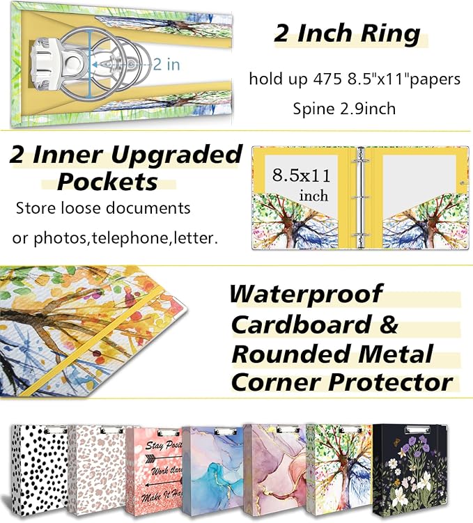 2 Inch 3 Ring Binder Organizer, Three Ring Binder with Clipboard, 5-Tabs Pockets Dividers, Transparent Folder,18 Divider Stikers, BVSSX Decorative Binders for Letter Size 8.5"x11" Paper (Seasons Tree)