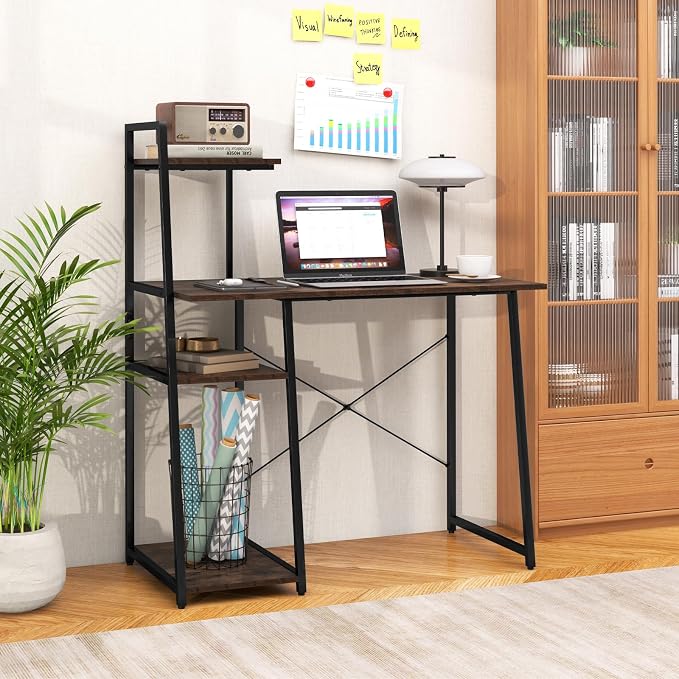 Giantex Computer Desk with Shelves, 47.5” Home Office Desk with Bookshelf, Host Stand, Metal Frame, PC Laptop Workstation, Modern Study Writing Desk for Bedroom, Small Space (Rustic Brown & Black)