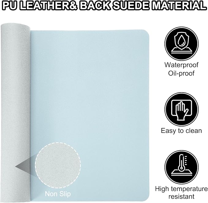 Patikil Desk Mat, 31"x15" Non-Slip Waterproof PU Leather Desktop Protector Cover Dual Sided Work Study Pad, Light Blue