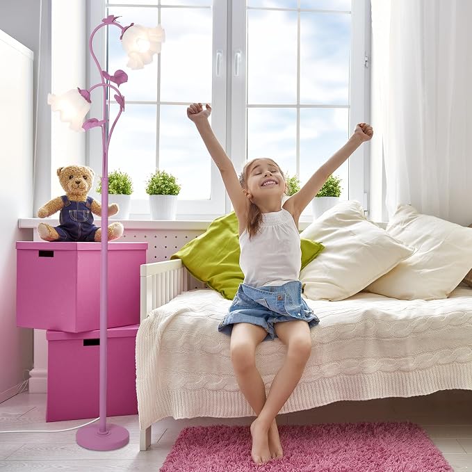 HMVPL Purple Floral Floor Lamp, Girls Flower Floor Lamp for Bedroom, Cute Lotus Standing Lamp with 2 LED 5W Blubs, Foot Switch, Unique Flower Tall Lamp for Living Room Kids Nursery Bedside Corner