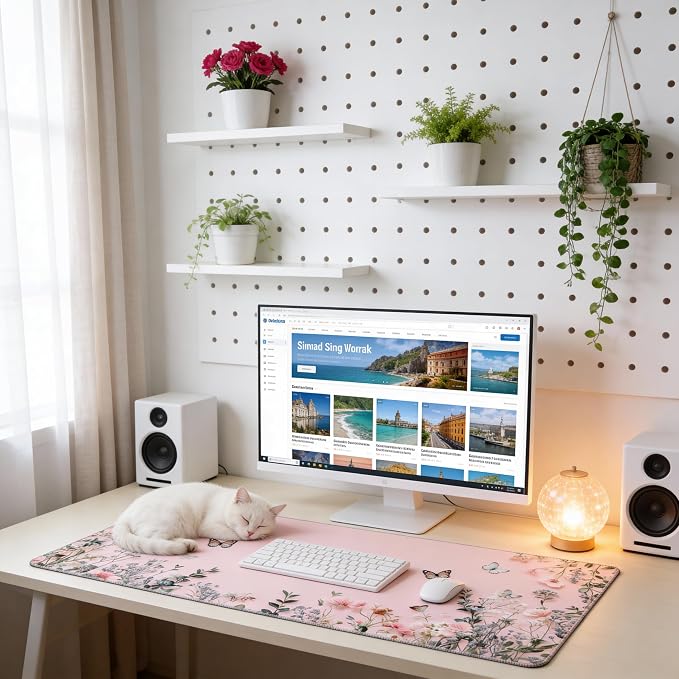 Cute Floral Aesthetic Wildflower Large Mouse Pad, Pink Macaron Desk Mat with Anti-Slip Base & Stitched Edges, Computer Keyboard & Laptop Pad, 35.4" x 15.7" in in Workstation Accessories