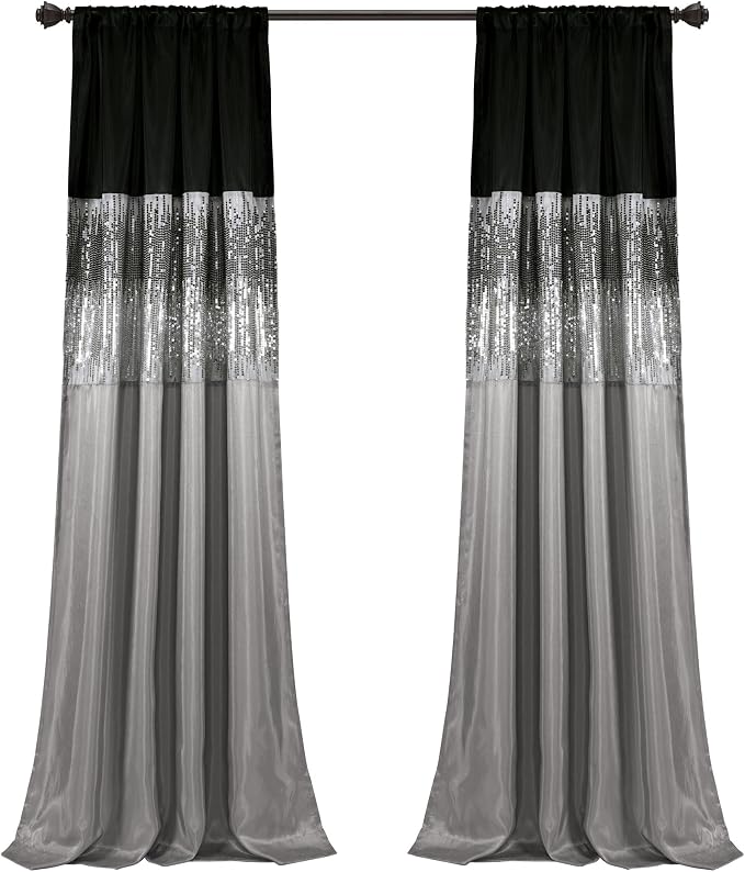Lush Decor Night Sky Window Curtain Panel, Single, 42" W x 108" L, Black & Gray - Sequin Curtains - Sparkle & Color Block Design - Modern Glam Decor - Extra Long Curtains For Bedroom & Living Room