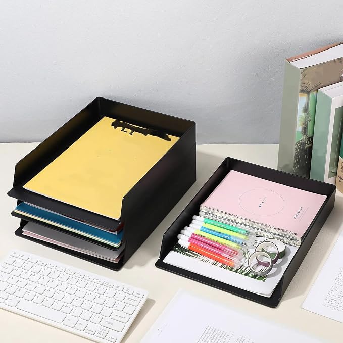4 Pcs Stackable Paper Trays Rectangular Plastic Desk Holder Desktop Document File Organizer Storage Letter for Office Classroom (Black)