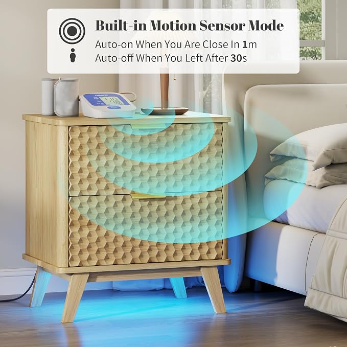 Smart Nightstand with Charging Station and LED Lights, Natural Oak | 23.62" Wide Night Stand with 2 Drawers, Motion Sensor Motion-Activated Underlight, Honeycomb Bedside Table for Bedroom