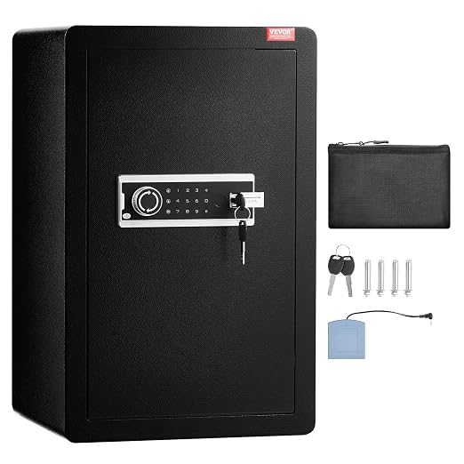 VEVOR Single Door 3.5 cu.ft Safe Box with Key Lock & Password, Safe Lock Box with Fireproof Bag, Key Rack, LED Light, and 2 Shelves for Money, Documents, Jewelry, and Valuables, Black
