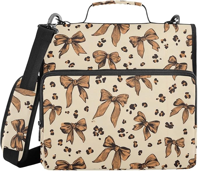 Aslsiy Zipper Binder Leopard Print 1.5 inch 3-Ring Binder Organizer Brown Bows with Shoulder Strap for School Office Supplies