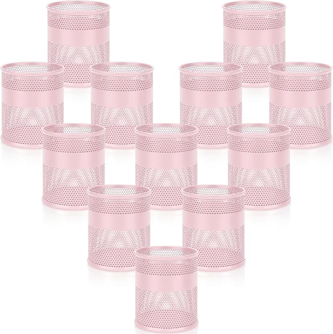 Segarty Pen Holder, 12 Pack Pink Pencil Holder, 3.3 x 3.9 inch Pens Cups, Round Metal Pencils Container Desktop Organizer for Office Supplies, School Classroom, Makeup Brush