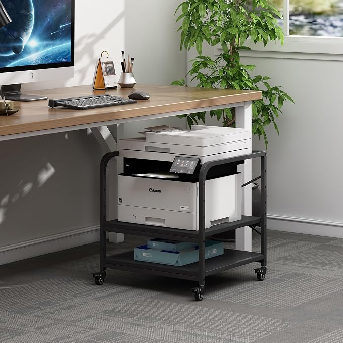 Fannova 2 Tier Under Desk Printer Stand with Storage, 20 Inches Deep Large Printer Table with Height Adjustable Shelf, Rolling Printer Cart with Wheels for Home Office - Black | Large Table Top 20"x20" for 3D/Laser Printer, Heavy Duty Industrial Wheels...