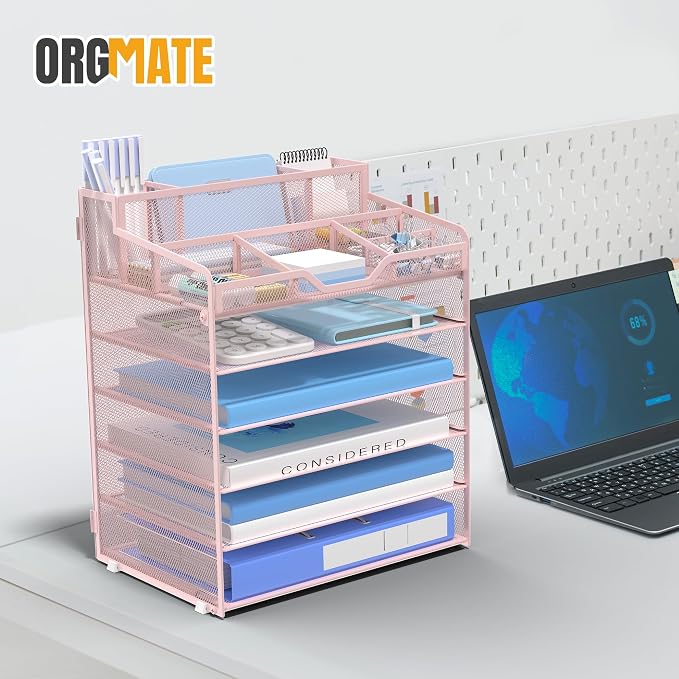 6 Tier Mesh Paper Desk Organizer with Pen Holders, Pink | Features 3 pen holders, and 5 adjustable compartments for office school home desk storage