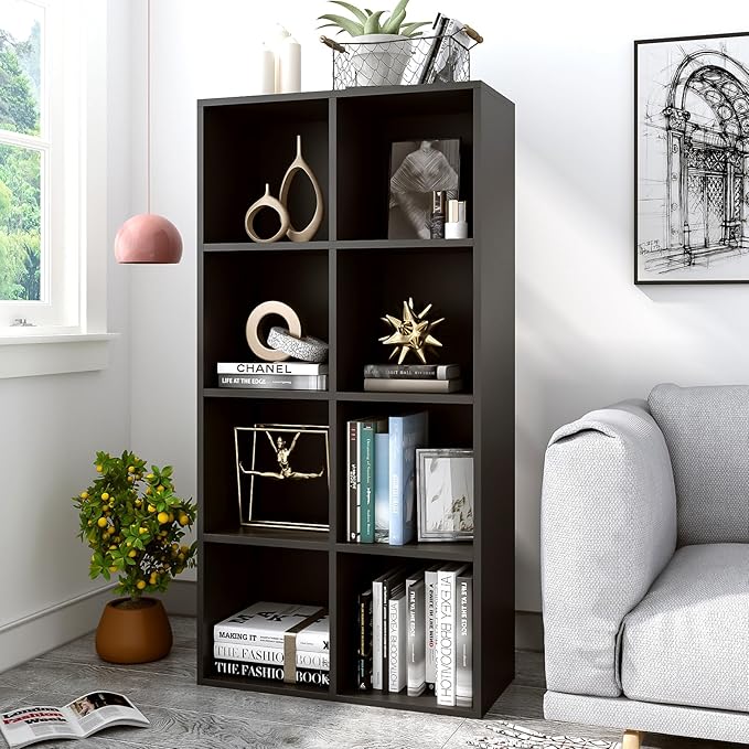 8-Cube Storage Shelf Bookcase, Black | Wooden 4-Tier Open Bookshelf, Fits 11×11" Bins, Vertical or Horizontal Use, Full Back Panels, For Home Office