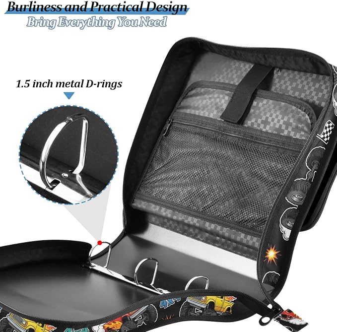 Monster Truck Black Print Zipper Binder Bag 3 Ring with Shoulder Strap & Handle Multi Pocket Binder Organizer Bag Large Capacity for School Office Supplies