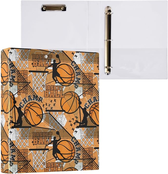 Orange and Black Basketball Sport Binder 1.5 Inch Binder with Clipboard&Pockets, Hardcover Binders 3 Ring, Heavy Duty Large File Folder for Home Office School Supplies - Holds 200 Sheets