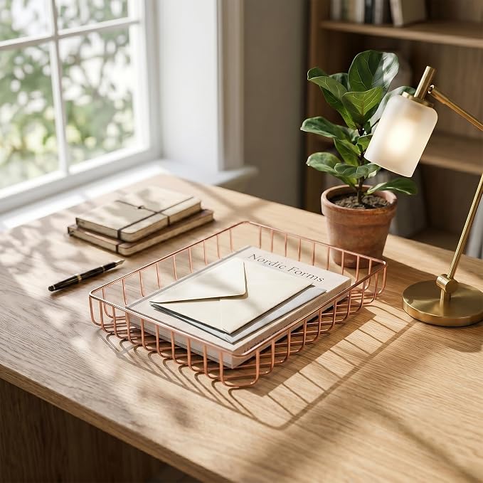 Elegant Wire Desk Tray Organizer - Multipurpose A4 Letter Size File Tray, Premium Metal Mesh Document & Magazine Holder, Storage Basket for Office, Vanity, & Bathroom, Rose Gold, 2 Pack