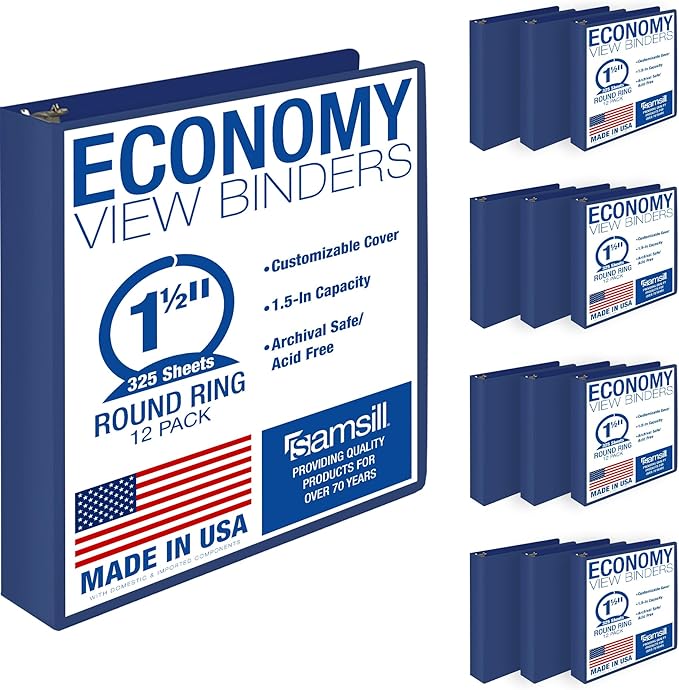 Samsill 1.5 Inch 3 Ring Binders, Economy Round Ring, Clear View Cover, 325 Sheet Capacity - for School, Home, Office - Blue, 12 Pack