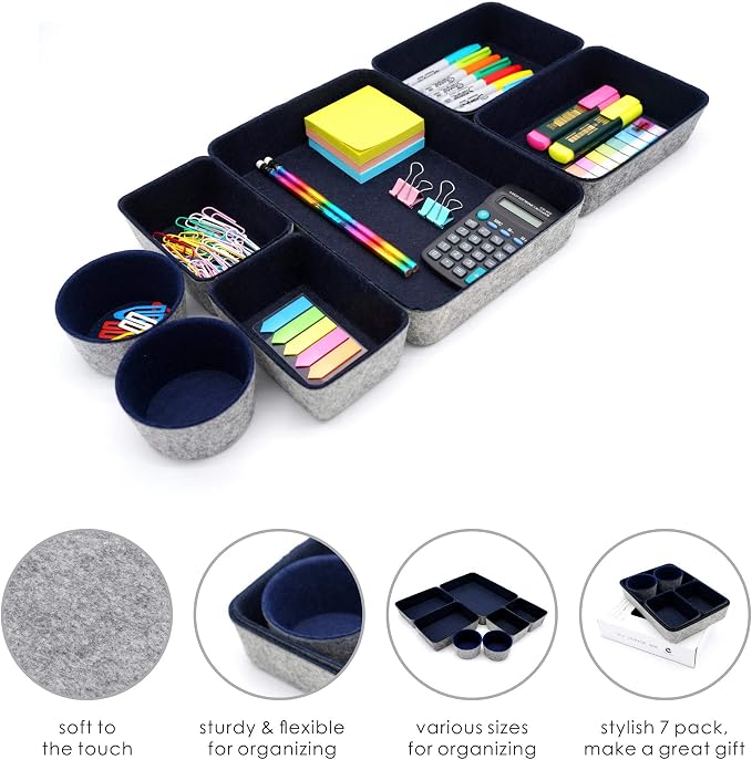 7 Piece Felt Desk Drawer Organizer Storage Bin Navy Catchall Tray | Sustainable material soft yet sturdy,multi-purpose storage, sleek minimalist lifestyle