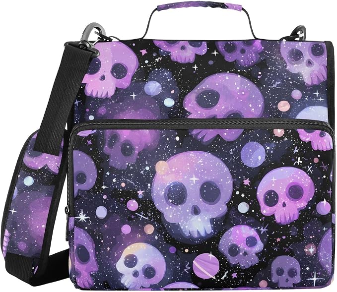Purple Skulls Black Background 3 Ring Binder Bag 1.5 inch Binder Organizer with Zipper Shoulder Strap 500 Sheet Documents Storage for School Office
