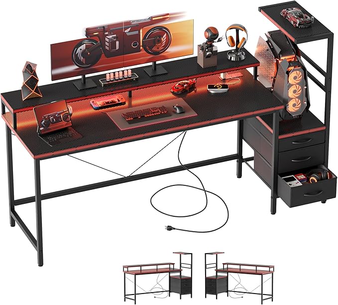 60 inch Gaming Desk with Drawers, Reversible Computer Desk, Black | Gamer Desk with LED Lights, Power Outlets & Monitor Stand, Large Office Table for Home Bedroom Study Work Writing