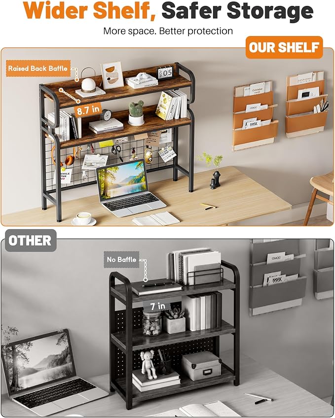 BYMECOST 38.6" Desktop Hutch Bookshelf,2-Tier Desk Shelf with Pegboard | Heavy-Duty Desktop Bookcase With Grid Panel and Hook, Desk Hutch for Computer in Offices or Dorms
