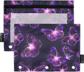 Butterflies Purple Neon Pencil Pouch for 3 Ring Binder, 2 Pack Waterproof Pencil Bags Clear Window Pencil Case Zipper School Office Supplies