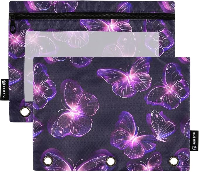 Butterflies Purple Neon Pencil Pouch for 3 Ring Binder, 2 Pack Waterproof Pencil Bags Clear Window Pencil Case Zipper School Office Supplies