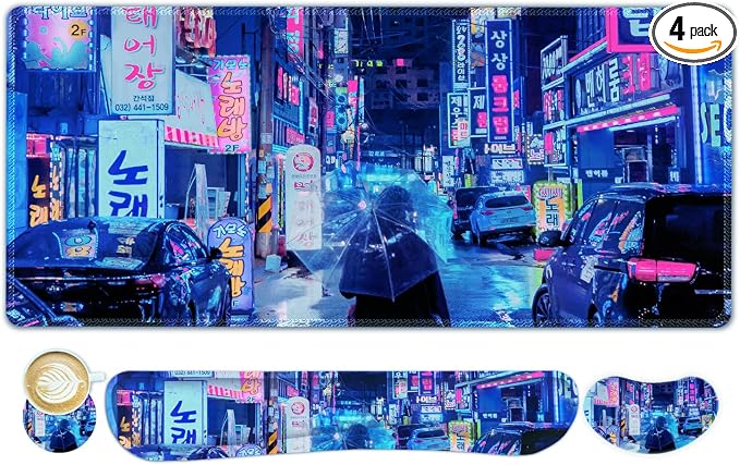 Large Gaming Mouse Pad Set, 4 in 1 Extended Keyboard Desk Mat with Wrist Rest, Computer Game Mousepad, Non-Slip Desk Pad Protector Easy Typing Pain Relief for Home Office I Anime Neon Street