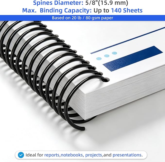 Rayson Plastic Spiral Binding Coil 5/8" (15.9mm), 140 Sheet Capacity, 4:1 Pitch Black Coil Bindings Spines - 100/Box for Business and Educational Purposes