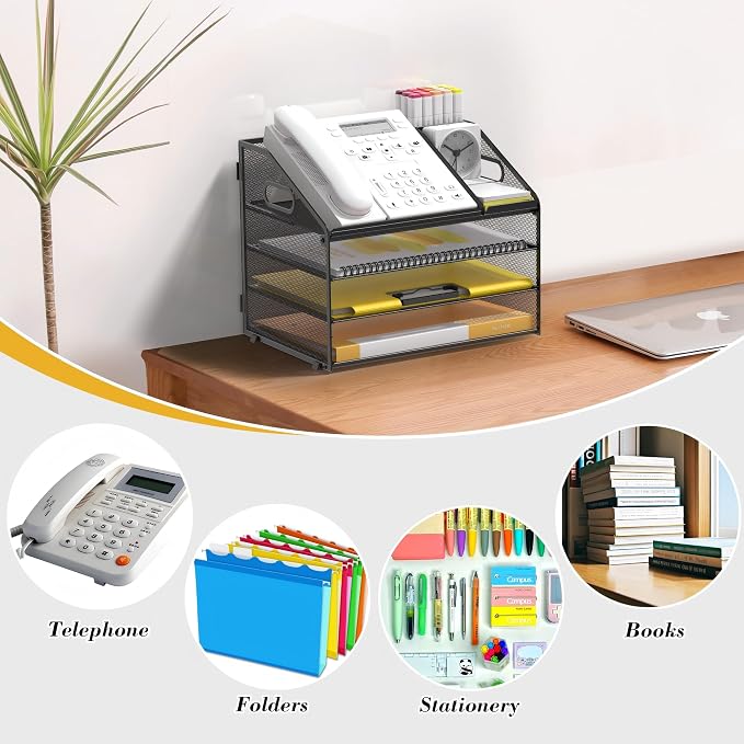 4 Tier Mesh Desk Organizer with Pen Holder and Handle Letter Tray | Metal desktop document shelf and paper sorter. Premium mesh workspace storage for office, home, and classroom