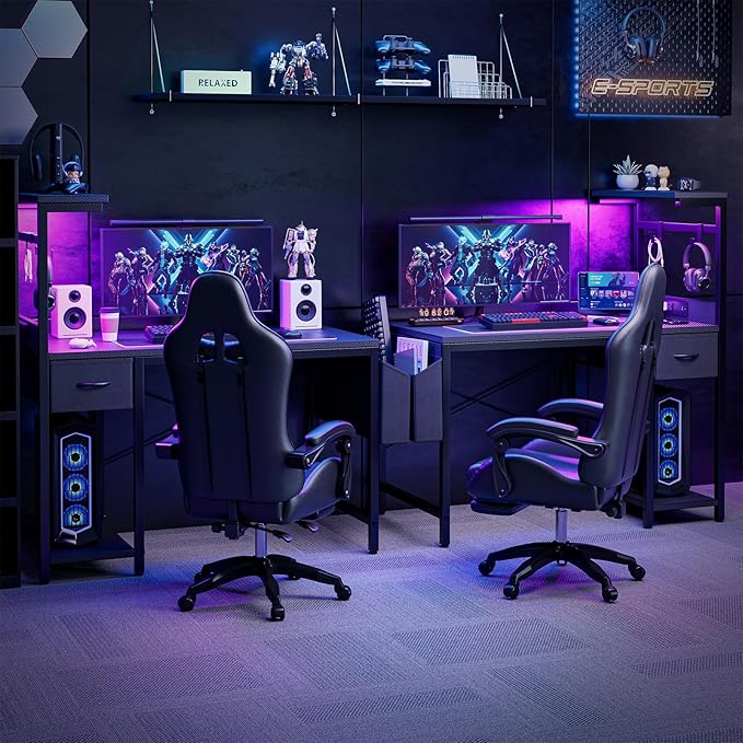Grandder Gaming Desk 47 Inch with Power Outlet and LED Light, Computer Desk with Reversible Shelves and Storage Drawer, Pc Small Desk for Home Office Table with Bag, Carbon Fiber Black