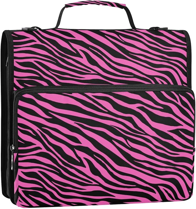 Fisyme Pinks Zebra Print Zipper Binder 3 Ring with Zipper and Shoulder Strap Large Capacity Multi-Pocket Binder Organizer